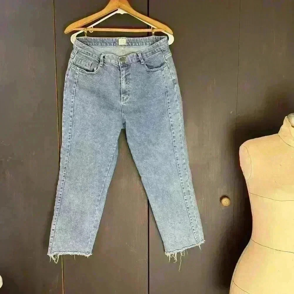 Coca Realdeni Korea 32 Jeans Cropped Frayed Thick Womens Pants Denim Trendy